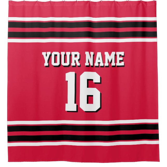 Crimson Red Black White Stripes Sports Jersey Shower Curtain (Front)