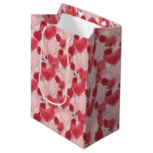 Crimson Red Blush Pink Hearts Roses Wine, Small, Medium Gift Bag