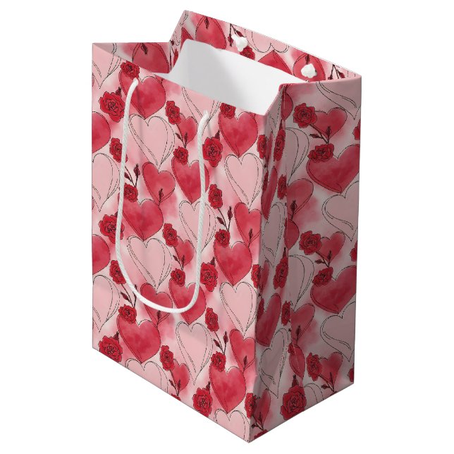 Crimson Red Blush Pink Hearts Roses Wine, Small, Medium Gift Bag (Front Angled)