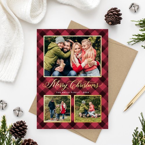 Crimson Red Buffalo Plaid Christmas Photo Collage Foil Holiday Card