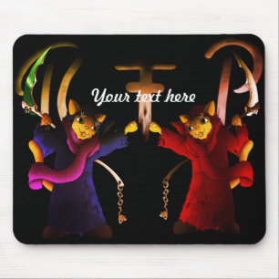 Crimson Red Cat and Navy Blue Grim Reaper Cat Mouse Pad