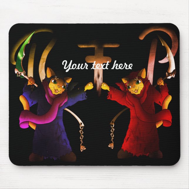 Crimson Red Cat and Navy Blue Grim Reaper Cat Mouse Pad (Front)