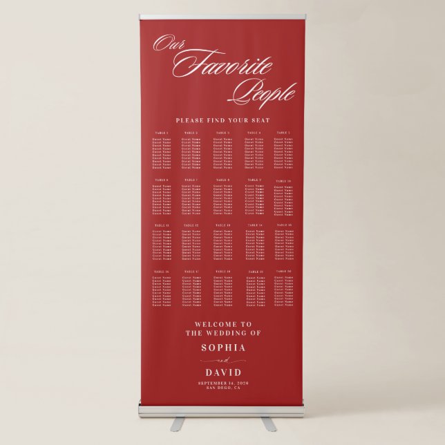 Crimson Red Chic Calligraphy Wedding Seating Chart Retractable Banner (Front)