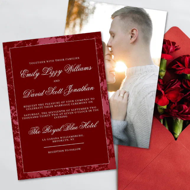 Crimson Red Classic Calligraphy Abstract Photo Invitation | Zazzle