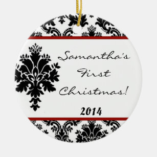 Crimson Red Damask Lace Personalized Name Ornament
