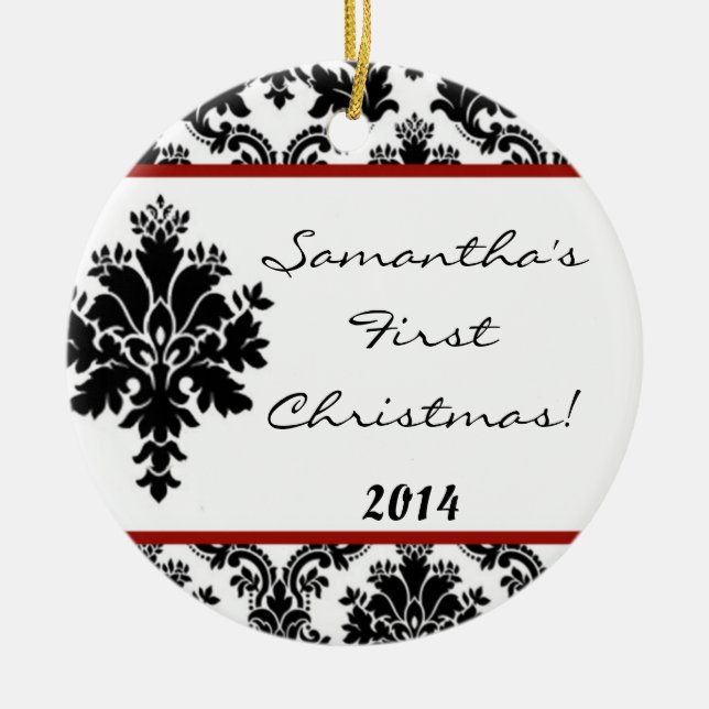Crimson Red Damask Lace Personalized Name Ornament (Front)