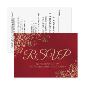 Crimson Red & Elegant Gold Lace Frilly Wedding RSVP Card