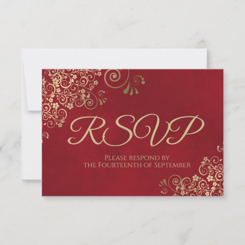 Crimson Red  Elegant Gold Lace Frilly Wedding RSVP Card