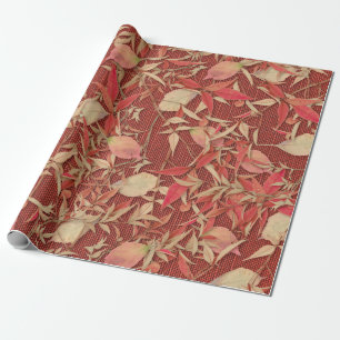 Crimson Red Fall Leaves Burlap Wrapping Paper