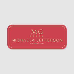 Crimson Red Five Stars Gold: Monogram Professional Name Tag