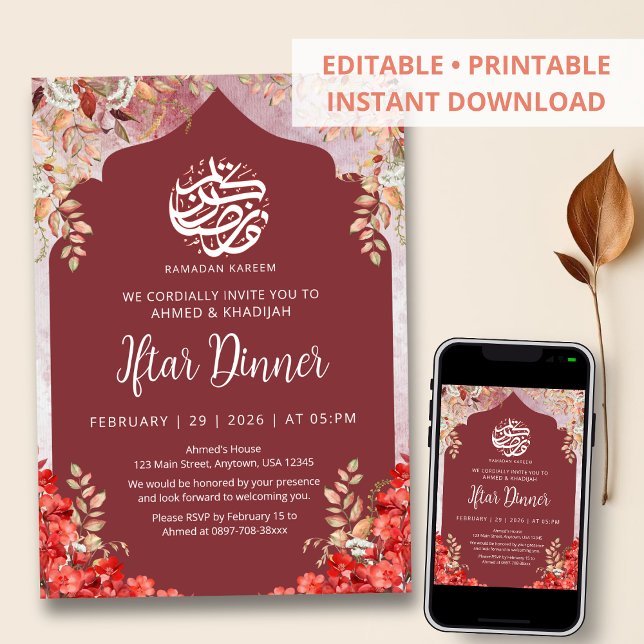 Crimson Red Floral Ramadan Iftar Dinner Invitation (Creator Uploaded)