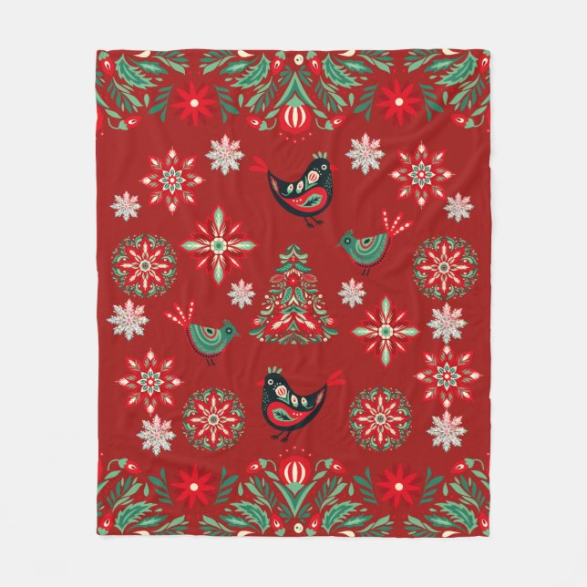 Crimson Red Folk Art Christmas  Fleece Blanket (Front)