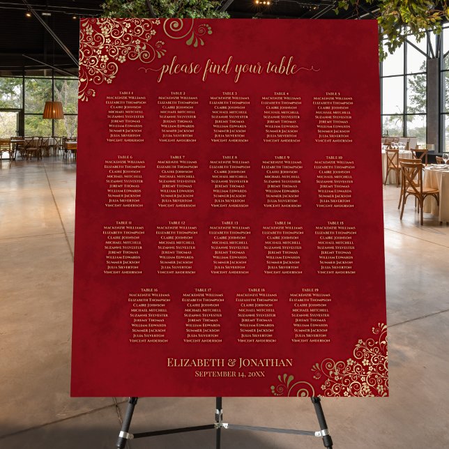 Crimson Red & Gold 19 Table Wedding Seating Chart Foam Board (In Situ on Stand at Reception)