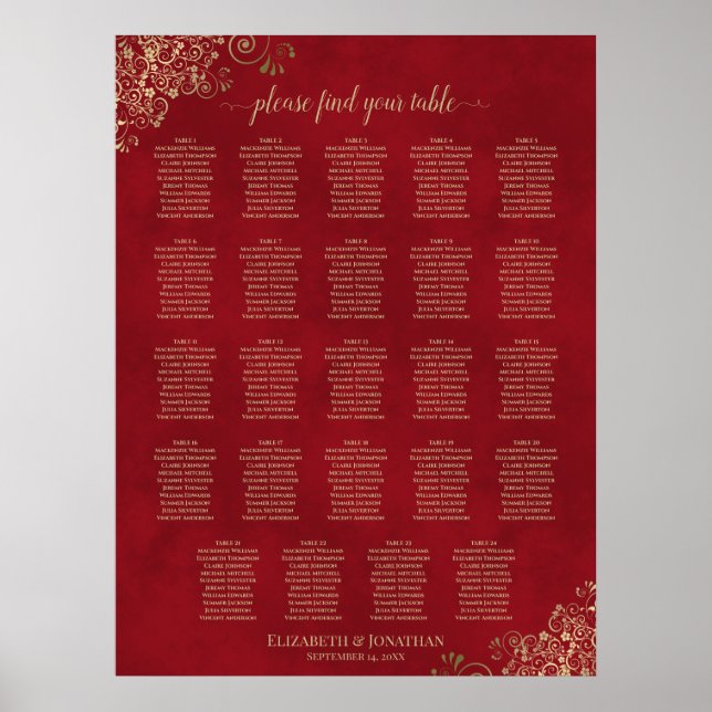 Crimson Red & Gold 24 Table Wedding Seating Chart (Front)