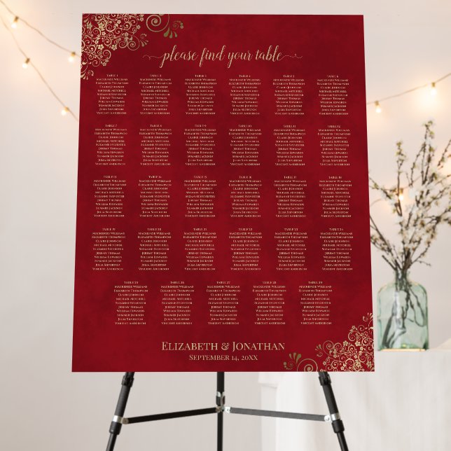 Crimson Red & Gold 29 Table Wedding Seating Chart Foam Board (In Situ (Stand))