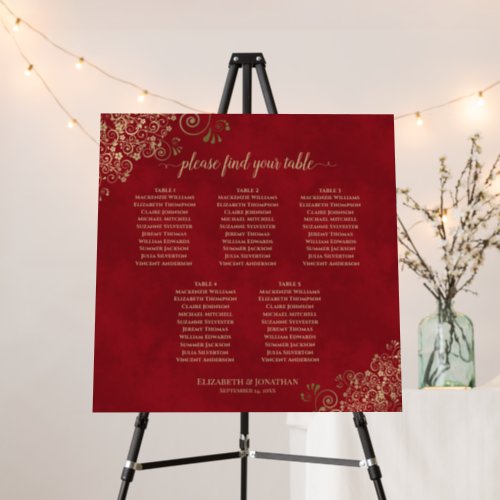Crimson Red  Gold 5 Table Wedding Seating Chart Foam Board