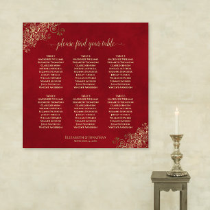 Crimson Red & Gold 6 Table Wedding Seating Chart