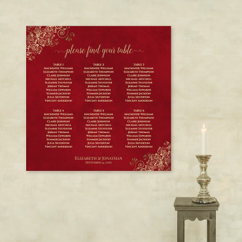 Crimson Red  Gold 6 Table Wedding Seating Chart