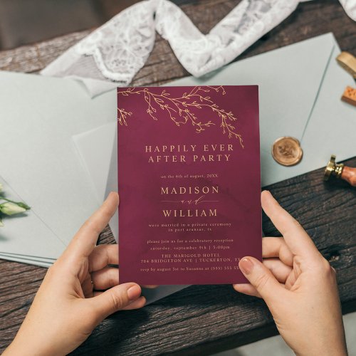 Crimson Red  Gold Botanical Elegant Elopement Invitation