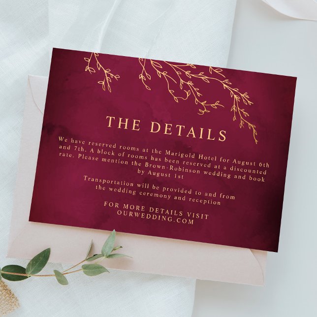 Crimson Red & Gold Botanical Elegant Wedding Enclosure Card (Creator Uploaded)