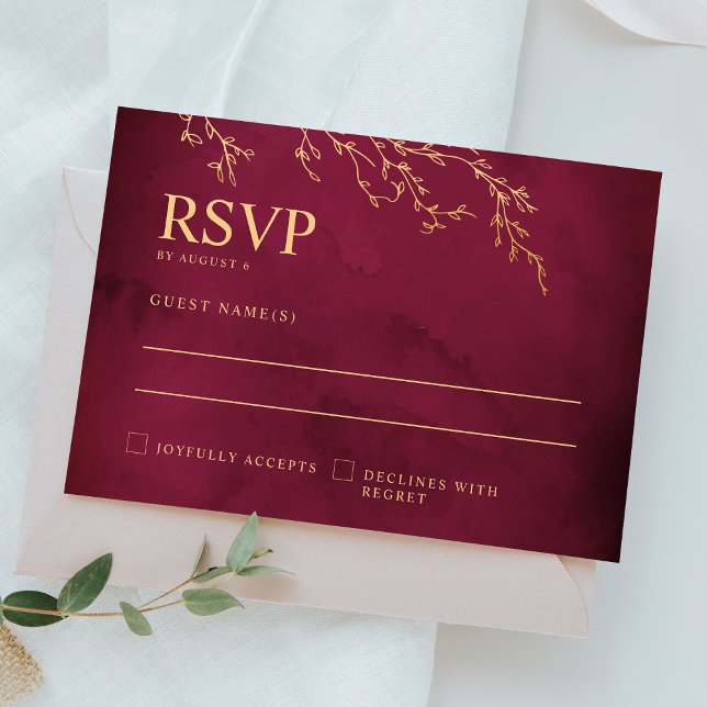 Crimson Red & Gold Botanical Elegant Wedding RSVP Card (Creator Uploaded)