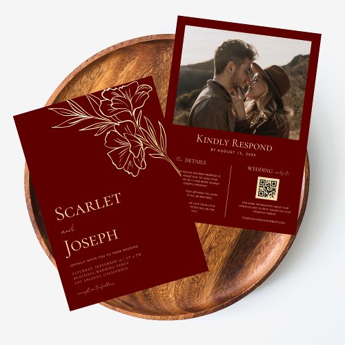 Crimson Red Gold Botanical QR Code RSVP Wedding Foil Invitation