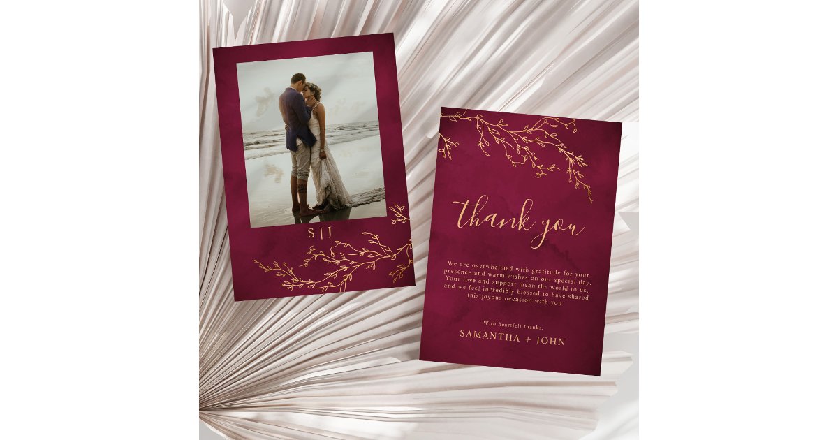 Crimson Red & Gold Botanical Wedding Photo Thank You Card | Zazzle