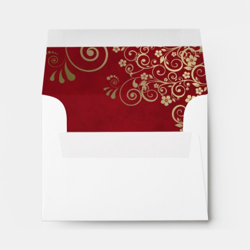 Crimson Red  Gold Curls Inside White Wedding RSVP Envelope