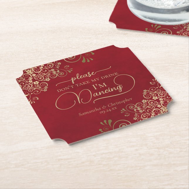 Crimson Red & Gold Don't Take My Drink Wedding Paper Coaster (Angled)