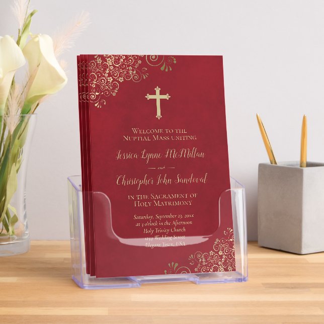 Crimson Red & Gold Fancy Catholic Wedding Program Brochure (Insitu)