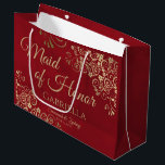 Crimson Red & Gold Frilly Maid of Honor Wedding Large Gift Bag<br><div class="desc">This beautiful gift bag is designed as a wedding gift or favor bag for the Maid of Honor. It features a marbled crimson red background with frilly golden faux foil curls and swirls in the corners. The gold script lettering reads "Maid of Honor" with a place to enter her name,...</div>