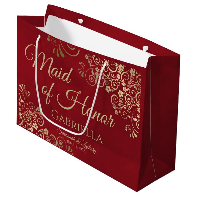 Crimson Red & Gold Frilly Maid of Honor Wedding Large Gift Bag (Front Angled)
