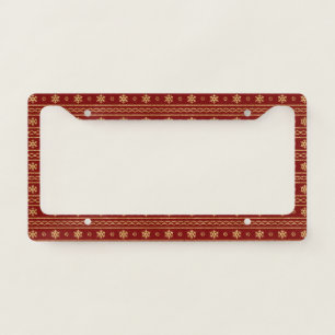 Crimson Red Gold Glitter Snowflake Holiday Pattern License Plate Frame