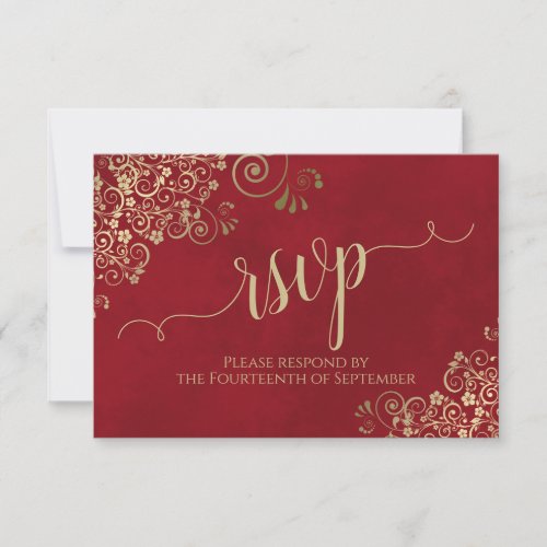 Crimson Red Gold Lace Elegant Calligraphy Wedding RSVP Card