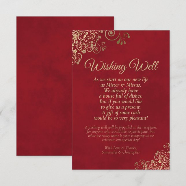 Crimson Red & Gold Lace Wedding Wishing Well Poem Enclosure Card (Front/Back)