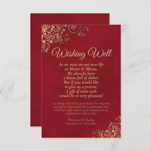 Crimson Red  Gold Lace Wedding Wishing Well Poem Enclosure Card