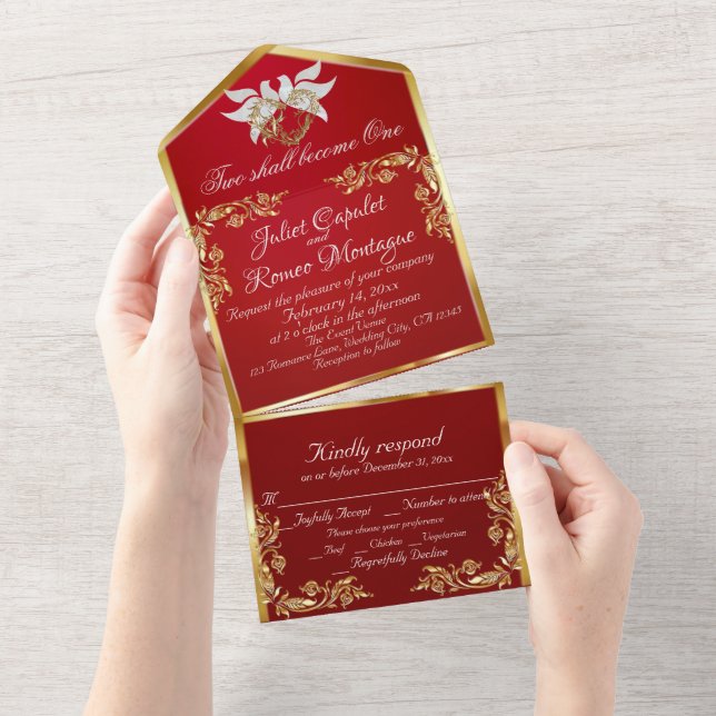 Crimson Red, Gold Leaves, Doves & Heart All In One Invitation (Tearaway)