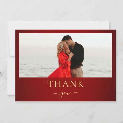 Crimson Red  Gold Minimalist Photo Wedding Thank You Card