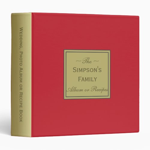 Crimson Red  Gold Modern Wedding Album or Recipes 3 Ring Binder