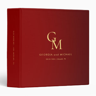 Crimson Red & Gold Monogram Minimalist Wedding 3 Ring Binder