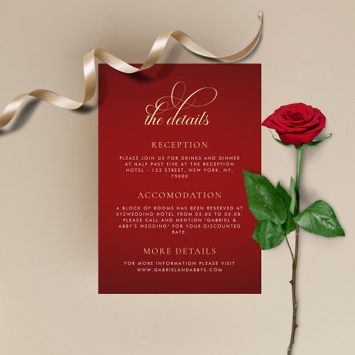 Crimson Red Gold Monogram Romantic Wedding Details Enclosure Card