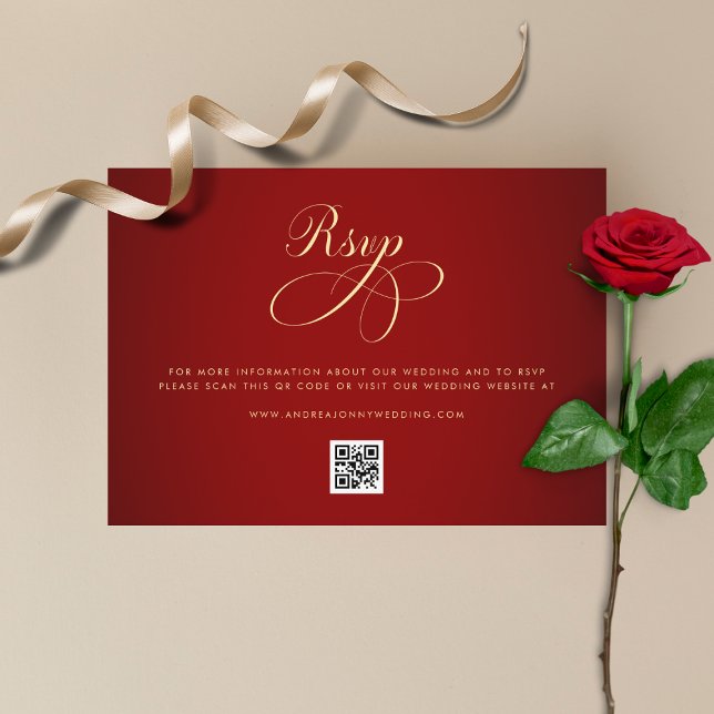 Crimson Red Gold QR Code RSVP Wedding Details Enclosure Card (Creator Uploaded)