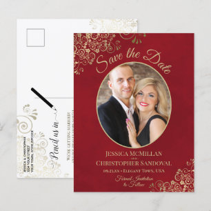 Crimson Red Gold Wedding Save the Date Oval Photo Announcement Postcard