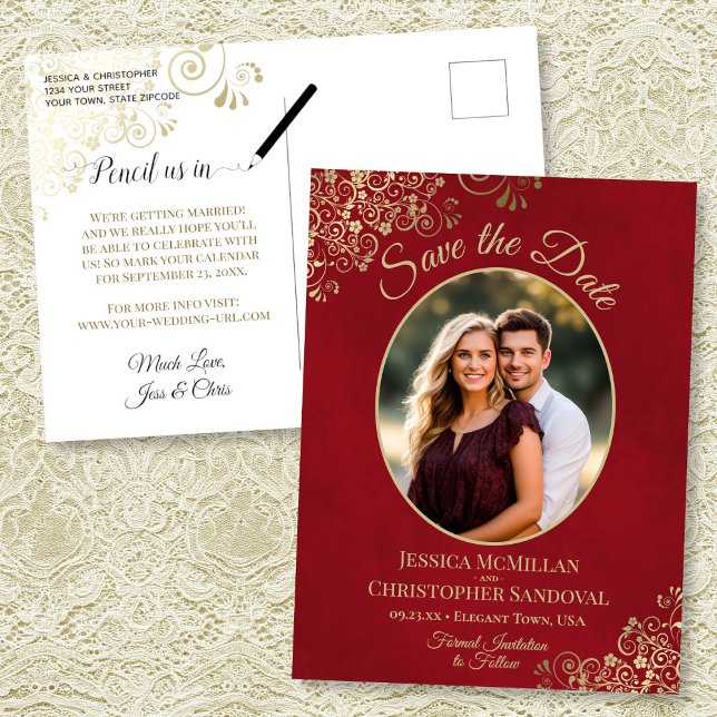 Crimson Red Gold Wedding Save the Date Oval Photo Announcement Postcard (Front/Back)