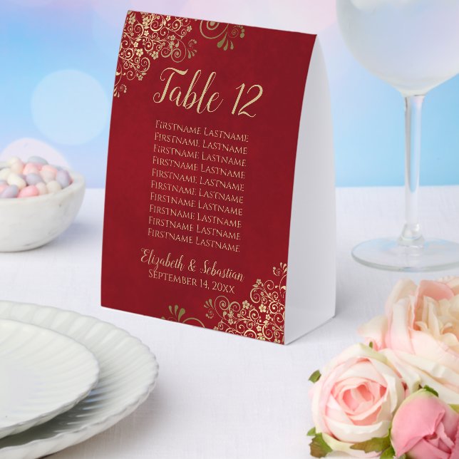 Crimson Red & Gold Wedding Table Number & Names Paper Table Tent (Insitu(Wedding))
