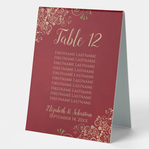 Crimson Red  Gold Wedding Table Number  Names Table Tent Sign