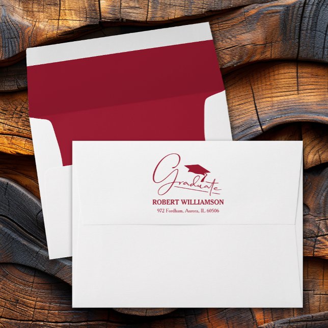 Crimson Red Graduation Cap Return Address  Envelope (Crimson red graduation cap, printed lining and FREE return address envelopes)
