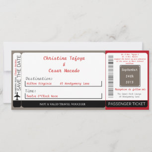 Crimson Red Gray Boarding Pass Wedding Invitation