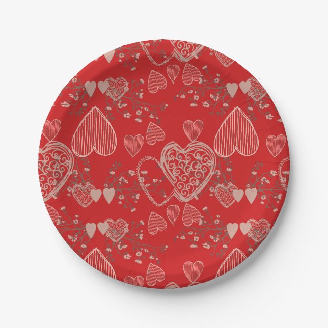 Crimson red grey valentine doodle hearts pattern paper plates (Front)