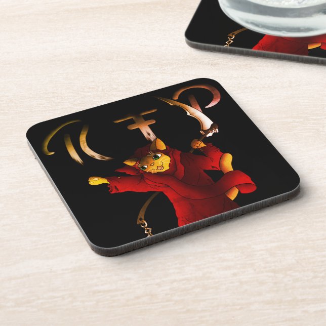Crimson Red Grim Reaper Cat Beverage Coaster (Left Side)